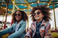 Two diversity kids playing carousel adult smile fun. 