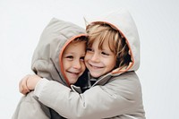 Kids hugging photography sweatshirt portrait. 