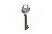 Silver house key white background protection keychain. 