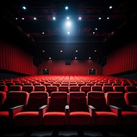 Rows of empty red seats in cinema.  