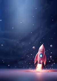 3D illustration of a space rocket, floating in galaxy, cute, minimal.  