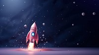 3D illustration of a space rocket, floating in galaxy, cute, minimal.  