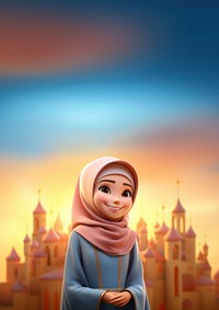 Muslim young girl cartoon architecture spirituality. AI generated Image by rawpixel.