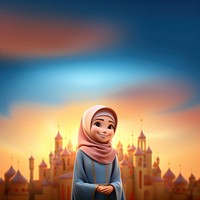 Muslim young girl cartoon architecture spirituality. 