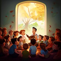 Teacher telling story cartoon adult togetherness. 