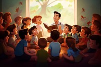 Teacher telling story cartoon adult togetherness. 