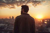 Man portrait sunset city architecture. 