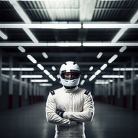 White racing suit helmet adult man. 