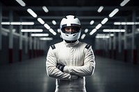 White racing suit helmet adult man. 