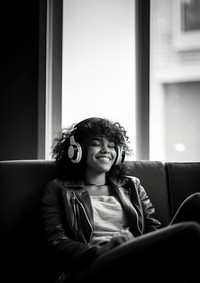 Woman headphones portrait smile. 