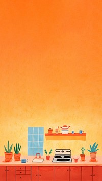 Minimal and simplified kitchen scene, children's book illustration style.  