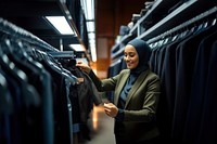 Photo of a muslim women wearing badge holder checking a new clothes in a hanger shelf.  