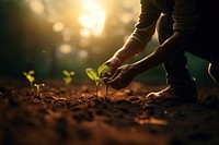 Photo of farmer start to plant seed for vegetable.  