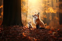 full body a mother fox stands with kid gather around Beside her.  