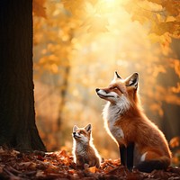 full body a mother fox stands with kid gather around Beside her.  