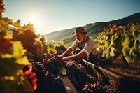 Harvesting Grapes with young Italian Farmer.  