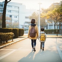 photo of back view asian middle age mom and son walking by holding hand.  