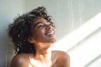 Woman wash hair cheerful bathroom shower. 