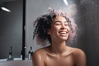 A mixed-race woman cheerful adult hairstyle. 