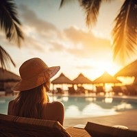 Woman relaxing by the pool in a luxurious beachfront hotel resort at sunset enjoying perfect beach holiday vacation. AI generated Image by rawpixel. 