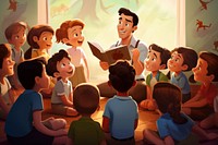 Teacher telling story cartoon adult child. 