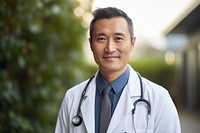 Asian male doctor outdoors adult care. 