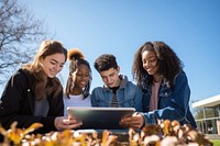 Diverse students computer outdoors adult. 