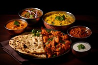 Indian food table meat naan. 