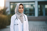 Muslim woman doctor outdoors hospital adult. 