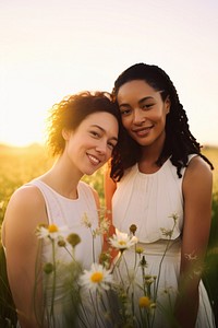 Two women portrait flower nature. 