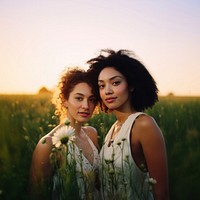 Two women portrait nature flower. 