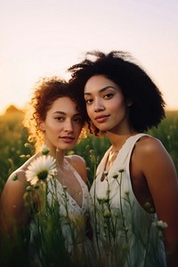 Two women portrait nature flower. 