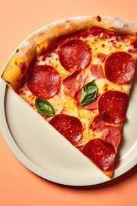 Pepperoni pizza slice plate food. 