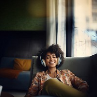 Headphones portrait sitting photo. 