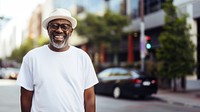 African granddad outdoors standing glasses. 