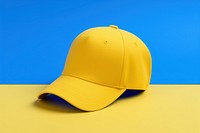 Blue cap yellow blue yellow background. 