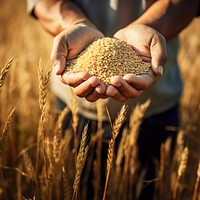 Dusty farmer hand holding rice grain plant agriculture wheat food. 