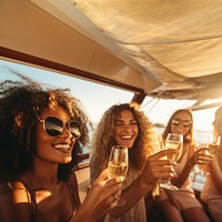 Diverse friends drink champagne party yacht adult. 