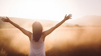 Woman raised arms adult spirituality tranquility. 