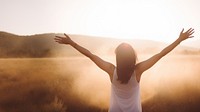 Woman raised arms adult spirituality tranquility. 