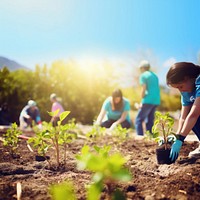 Photo of young people volunteers outdoors planting. 