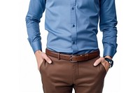 Brown leather trouser belt shirt trousers sleeve. 