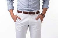 Brown leather trouser belt shirt trousers button. 