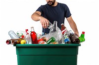 Hispanic man recycling garbage bottle. 