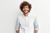 Curly haired man laughing shirt adult. 