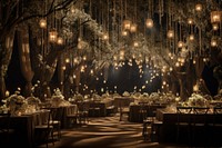 Wedding reception chandelier architecture illuminated. 