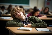 Sleepy student classroom worried disappointment. 