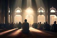 Muslim people praying inside mosque light adult spirituality. 