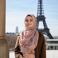 Muslim young adult woman student scarf happy sky. AI generated Image by rawpixel.