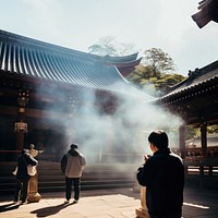 Japanese temple architecture building outdoors. 